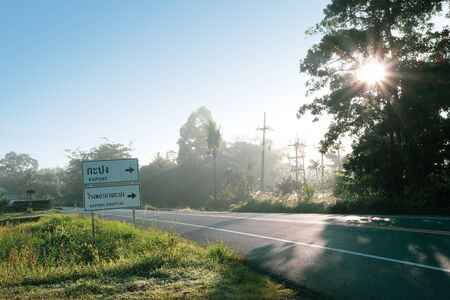 Beautiful nature scenic in the morning and guide post on roadside in Amphoe Kapong ,Phangnga...