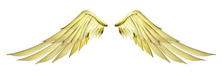 Two golden angel wings with gold color isolated on white backgroundの写真素材