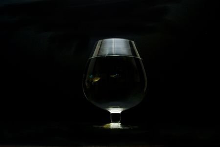 a glass in the dark with a guppy inside