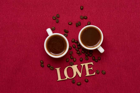 Two Cups of Coffee and Coffee Beansの写真素材