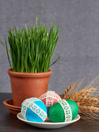 easter eggs in saucer and green wheat in the clay pot  on gray backgroundの写真素材