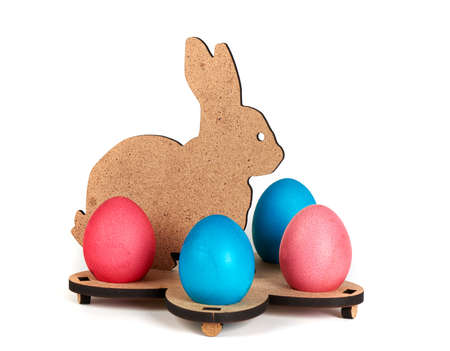 easter bunny and easter eggs on white backgroundの写真素材