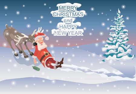 Drunk Santa drags the evil deer on a background of falling snow.のイラスト素材