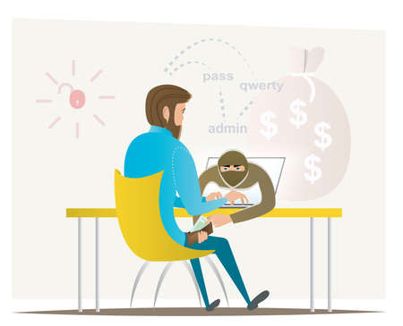 Hacker attack intruding laptop computer internet web system crack password security concept web infographics vector illustration.のイラスト素材