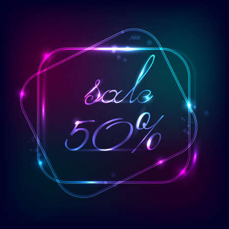 Neon square. Neon blue light. The vector of the electric frame. Vintage frame. Retro neon lamps. With text discount. Glowing neon background. Abstract electric background.のイラスト素材