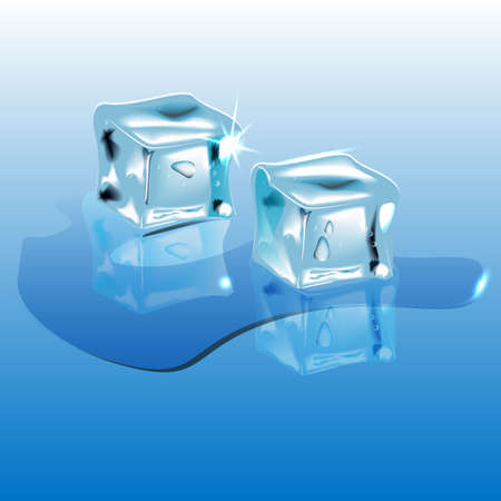 Realistic ice cubes on a blue background, melting in the water. Vector illustration.のイラスト素材