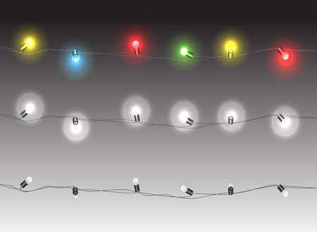 Christmas lights isolated realistic design elements. Glowing lights for Xmas Holiday greeting card design. Garlands, Christmas decorations.の写真素材