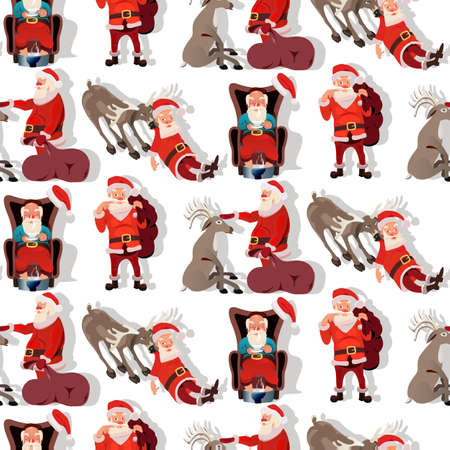 Seamless christmas pattern. Reindeer, santa, tree and snowflakes on red background.のイラスト素材