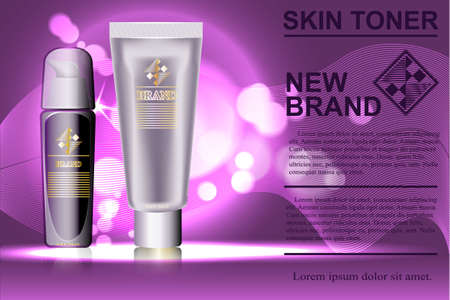 Tube and tone skin cream bottle. The design of cosmetics on a purple background. Vector illustrationのイラスト素材