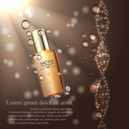 Ads skin toner pattern, the layout of glass bottle for advertisement or magazine. The bottle under the water against the DNA chain of air bubbles.のイラスト素材