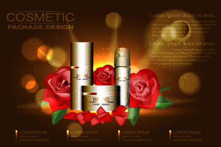 Cosmetics ads template, empty cosmetic layout with red roses and petals on the background.の写真素材