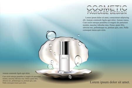 The open pearl shell with a bottle of cosmetics for skin care, under the water. Template advertising, design, poster, and more.Vector illustration.のイラスト素材
