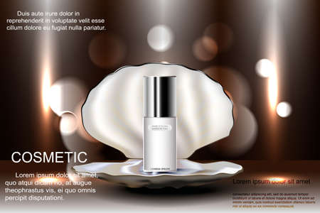 Open shell with pearl with a bottle of cosmetics for skin care. Template advertising, design, poster, and more.の写真素材