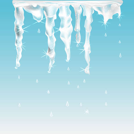 Spring icicles, ice water dripping in the sun. Blue background. Vector illustration.のイラスト素材