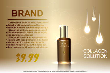 Template ads cosmetic, glass bottle drops of essence oil isolated on brown background.のイラスト素材