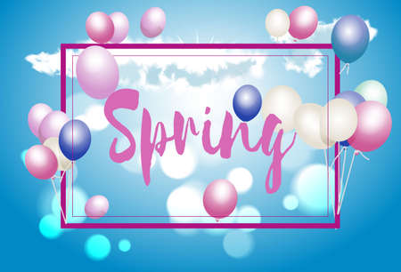 Spring greeting card with balloons, a sign on a blue sky background. Illustration vector.のイラスト素材