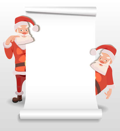 Two Jolly Santa Claus holding a white sheet scroll for your text. Vector illustration.のイラスト素材