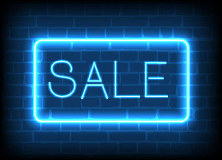 Neon sign sale in a frame on brick wall background.のイラスト素材