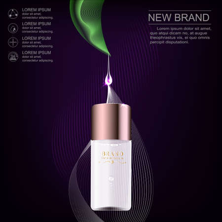 Brand new pattern cosmetic ads, glass bottle drops of essence oil isolated on dark background. Vector illustration.のイラスト素材