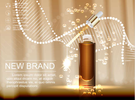 Cosmetic ads template, glass droplet bottle with essence oil isolated on brown background.のイラスト素材