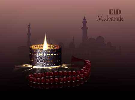 Eid and Ramadan theme background with a burning lamp and a rosary. illustration.の写真素材