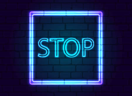 A neon sign in button stop against a brick wall.のイラスト素材