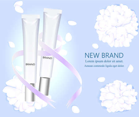 Layout and cosmetic design. Two empty bottles on the background of flower petals. Vector illustration.の写真素材