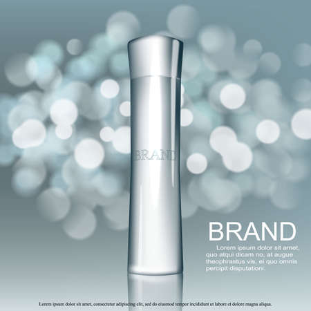 Cosmetic design template. Vector tube packaging with glossy silver cup on silver glitter background with bokeh.のイラスト素材