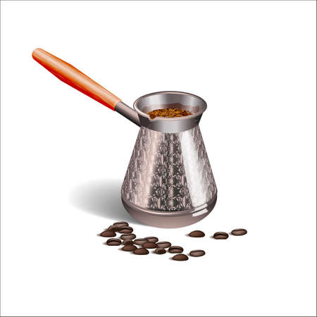 Realistic picture of a Cup of coffee, Turks and coffee beans isolated on white background. Vector illustration.のイラスト素材