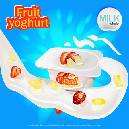 With strawberry and pineapple yogurt ads with a splash of milk and strawberry elements,のイラスト素材