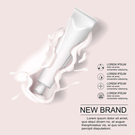 Cosmetic cream contained in tube advertising. Makeup skin hydro emulsion cream tube white and gold color on milk white splash background with drops 3D realisticのイラスト素材