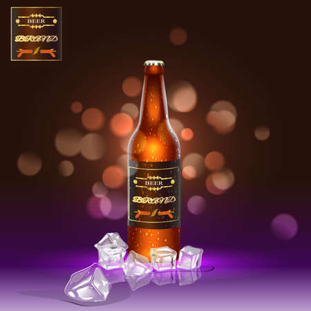 Brown realistic beer bottle with ice in the background. 3d illustration.の写真素材