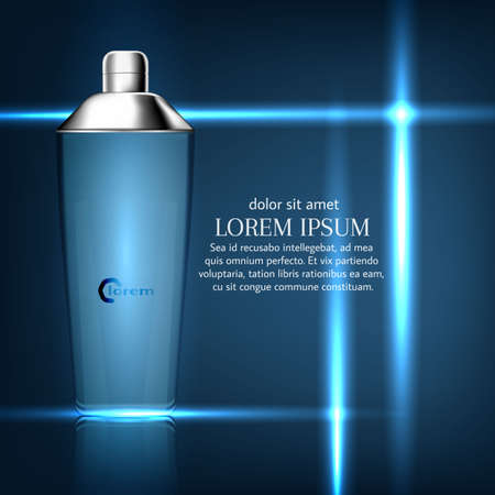 Cosmetic product poster, blue bottle package design with moisturizer cream or liquid, sparkling background, vector design.のイラスト素材