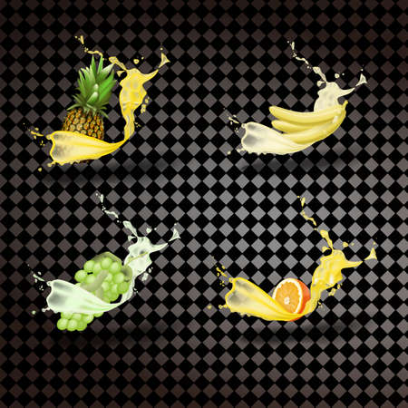 Pineapple, banana, grapes, orange juice. Fresh fruit and squirt, 3D icon vectorのイラスト素材