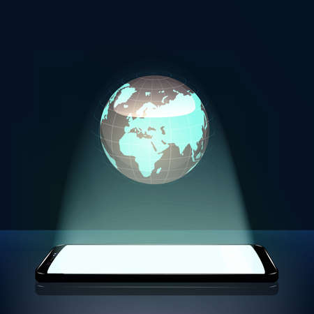 Concept the mobile world. A holographic projection of the earth from your mobile phone. New technology. illustration.の写真素材