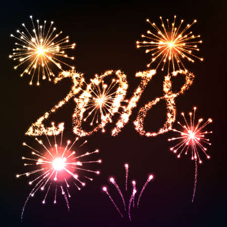 2018 New year background. Light writing shiny letters with fireworks. Vector EPS10.のイラスト素材