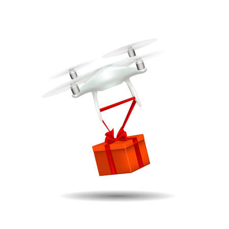 Red gift carried by flying transport. Vector illustration.のイラスト素材