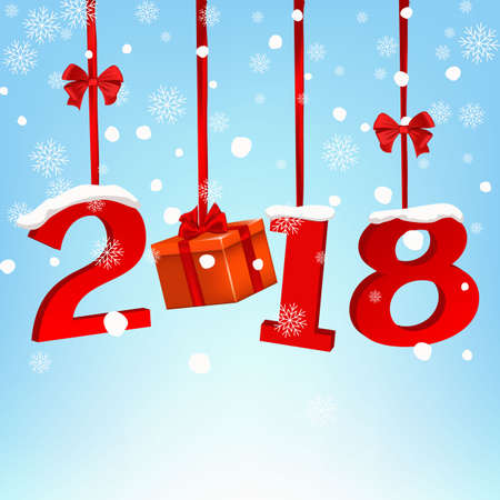 Happy New Year 2018 round banner with red ribbon and bow, on white background. Christmas tree decoration. Greeting card, brochure, poster or flyer template. Vector illustration.のイラスト素材