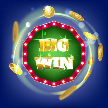 Online Big slots casino banner, tap to play button. Slots logo with flying coins, explosion bright flash, colored ads or splash screen for game. Vector illustration.のイラスト素材
