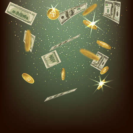 Cash. Realistic gold coins with the bills sign dollars. Transparent background.のイラスト素材