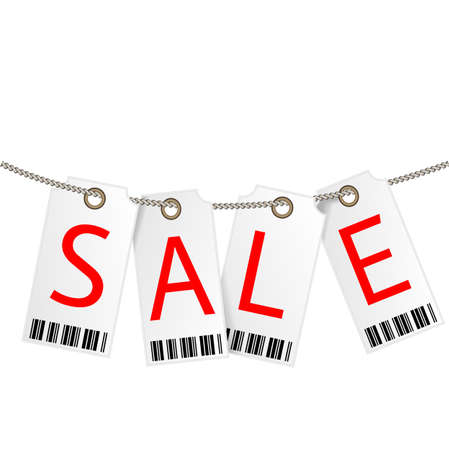 Sale icon price tag. Signs hanging on a rope isolated on a white background. Vector illustration.のイラスト素材