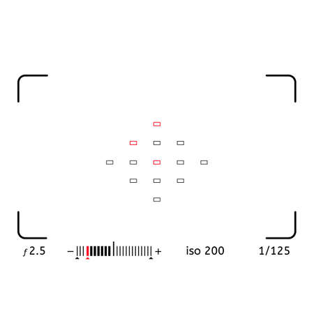 Photo or video camera viewfinder grid with many shooting settings on screen like AF dot, exposure and camera options. Recording led blinked. Realistic corner fall off. Vector backgroundのイラスト素材