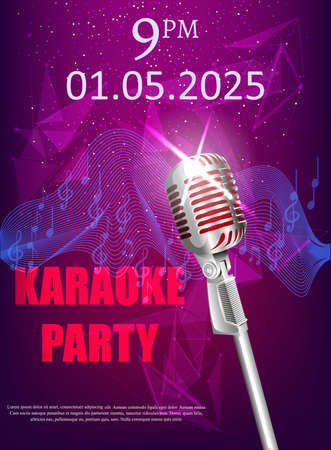 Colorful banner for restaurant or club with a microphone, and the words karaoke party.のイラスト素材
