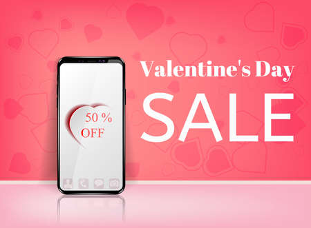 Valentines day sale offer, banner template. Pink heart with lettering, isolated on blue background. Valentines Heart sale tags. Shop market poster design.のイラスト素材