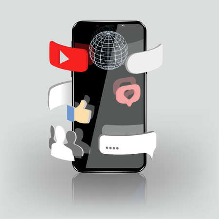 Icons fly out of the touch smartphone, and spinning around it.のイラスト素材