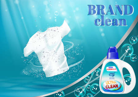 Means for washing and bleaching of linen, with a bottle template. On blue water background with bubbles.のイラスト素材