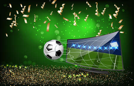 Banner with a football flies out of the TV.のイラスト素材