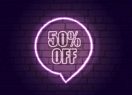 Neon sign discount on brick wall background. Vector.のイラスト素材