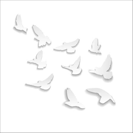A flock of white doves flies up, carved from paper with shadows. Vector.のイラスト素材