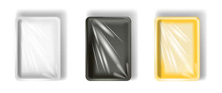 Set of white, yellow, black polystyrene packaging, with transparent film. Isolated on white background. Vector.のイラスト素材